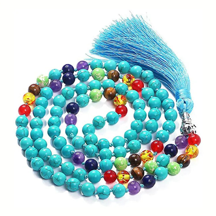 Long geometric agate tassel necklace with mixed gemstone beads including lapis lazuli and turquoise