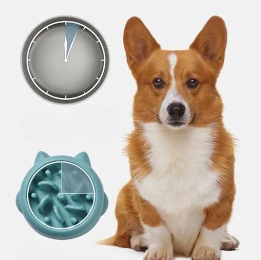 Green PP plastic slow feeder bowl for dogs with bone-shaped obstacles inside