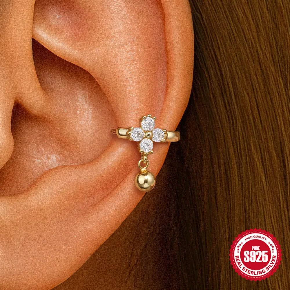 Single gold S925 sterling silver clover flower geometry ear clip pierced earring