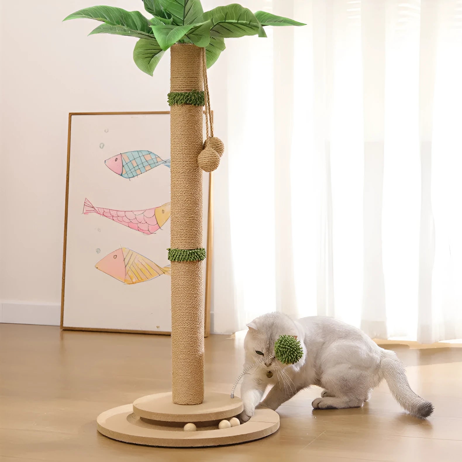 Vertical canna-coloured cat climbing frame with hemp rope posts and wooden platforms mounted on a wall.
