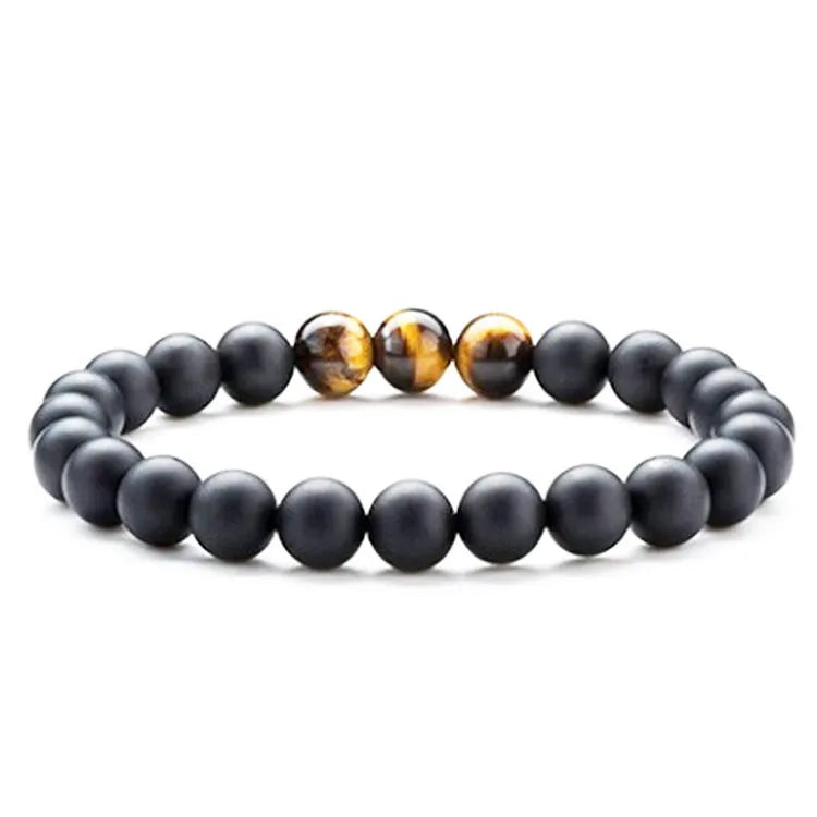 Geometric matte black agate couple bracelets with tiger eye beads, shown as a matching set.
