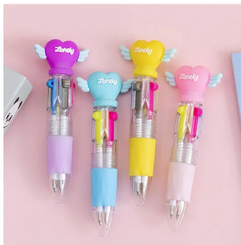 Cartoon print press ballpoint pen showing four-colour design options including cactus, fast food, and heart wings.
