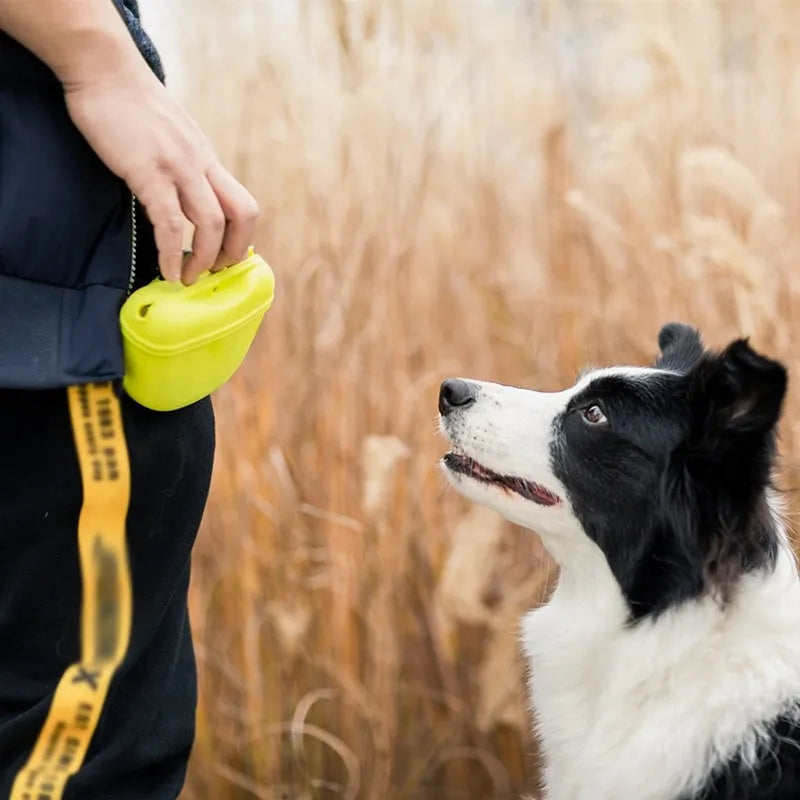 A silicone dog training treat pouch with a clip, shown in one of six available colours.