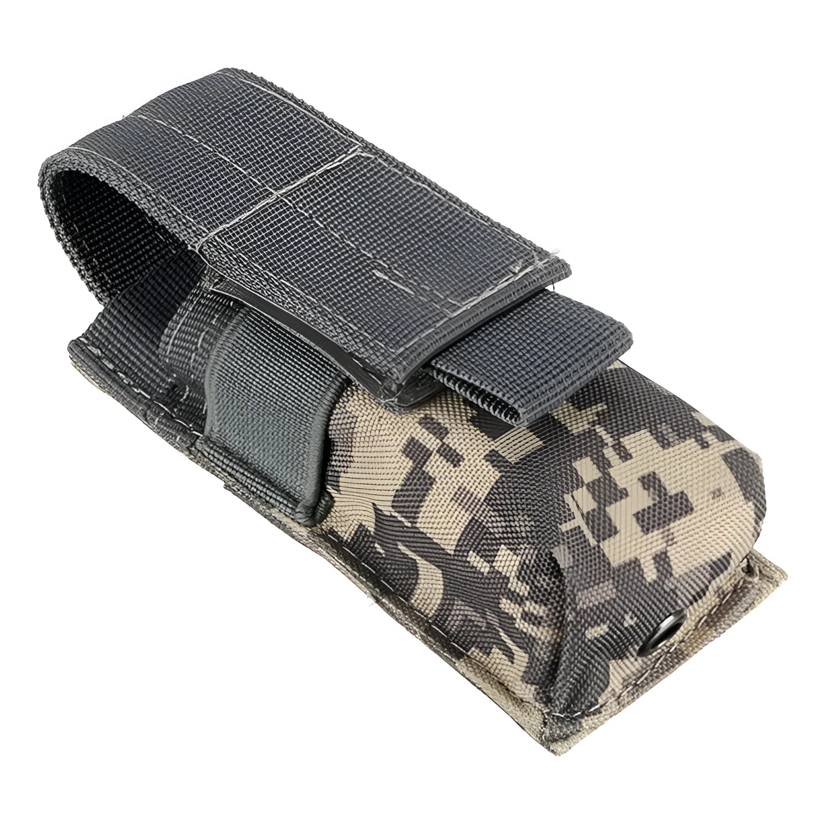 Military tactical waist bag with MOLLE straps and elastic cord closure in camouflage pattern