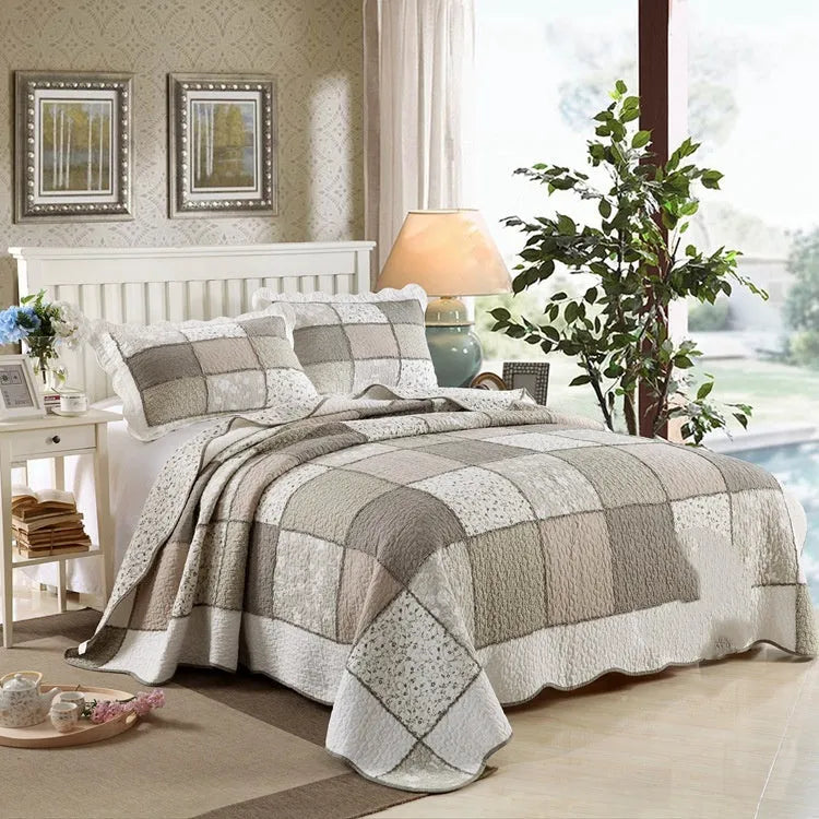 Washed pure cotton quilted bedspread and pillowcase set in a Korean style, showing textured non-slip surface.