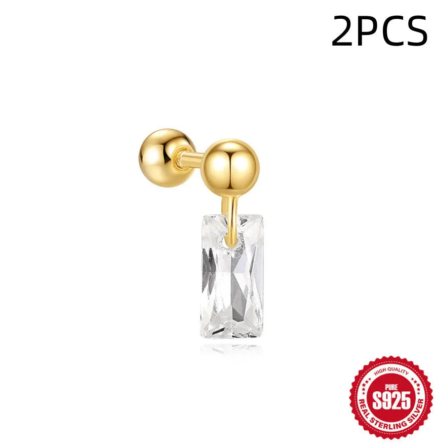 S925 sterling silver red earrings with square gravel studs and golden electroplated finish