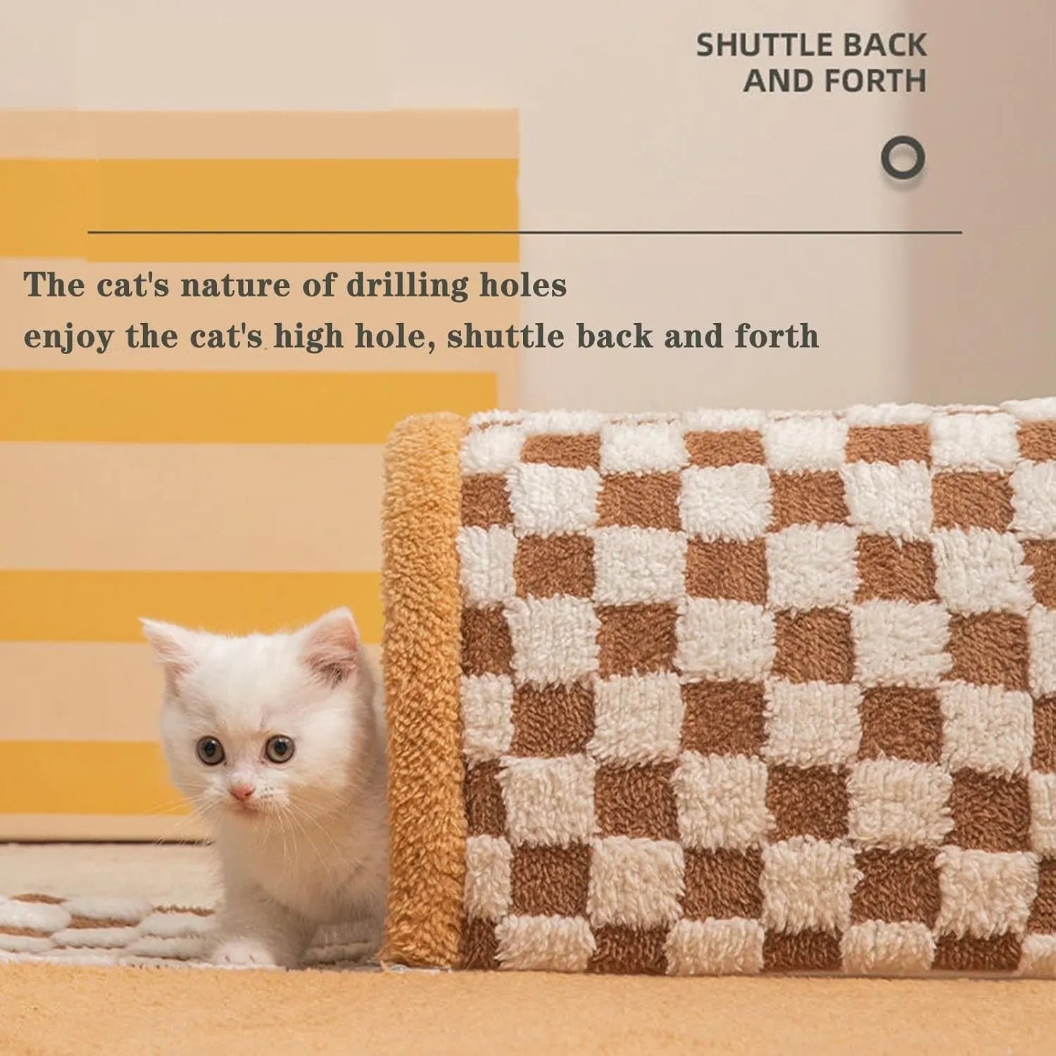 Brown plaid collapsible cat tunnel bed with a central mat on a wooden floor.