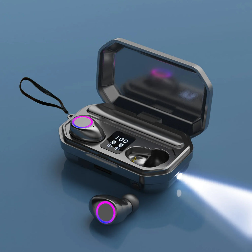 Black and white wireless Bluetooth earplug headset showing an LED digital power display on its charging case.