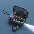 Black and white wireless Bluetooth earplug headset showing an LED digital power display on its charging case.