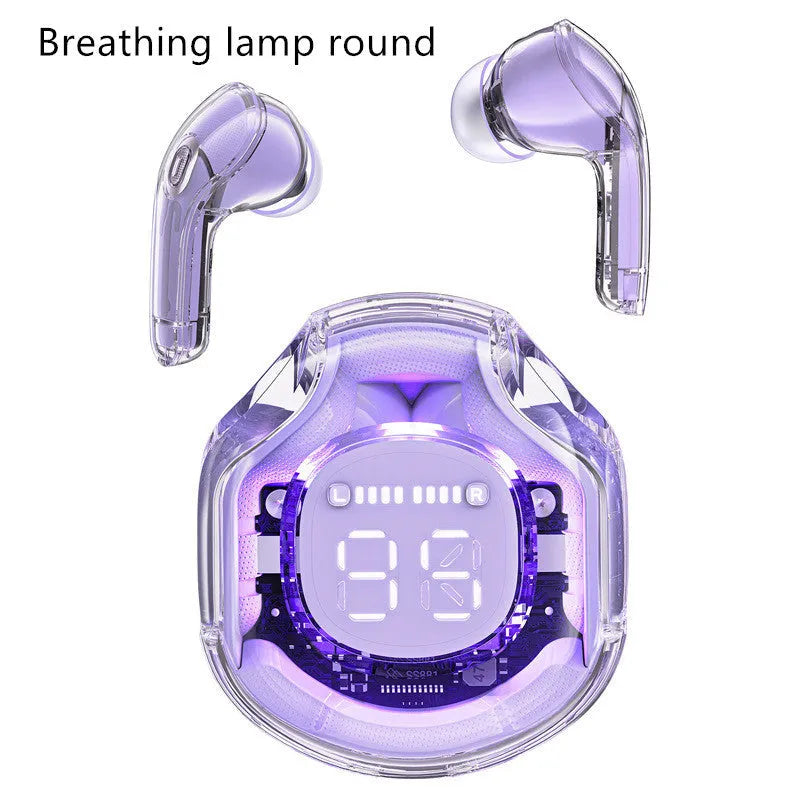 Transparent wireless Bluetooth headset with in-ear design in white, black, pink, sky blue or violet colours