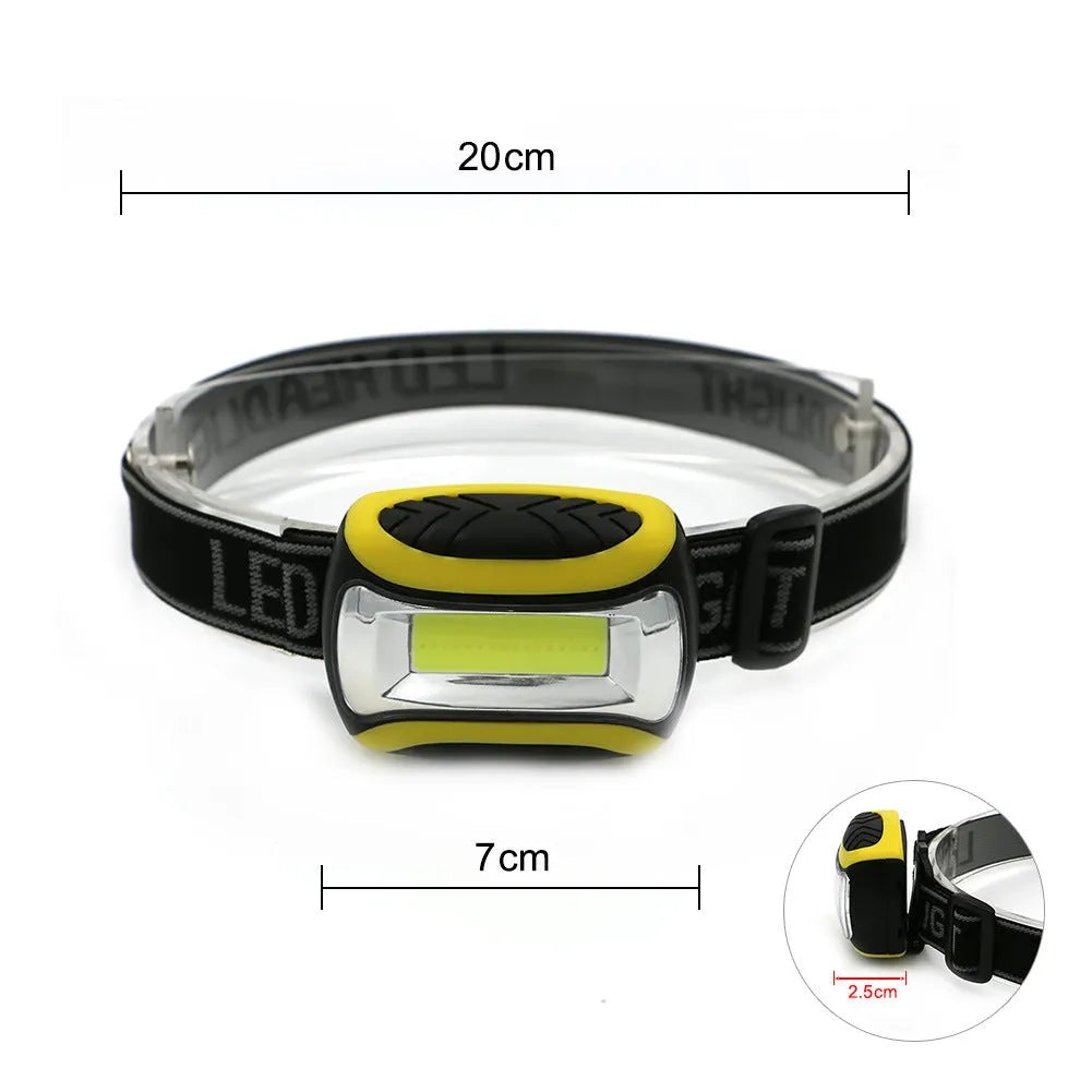 Yellow plastic headlamp with adjustable strap and COB light lens for outdoor use.