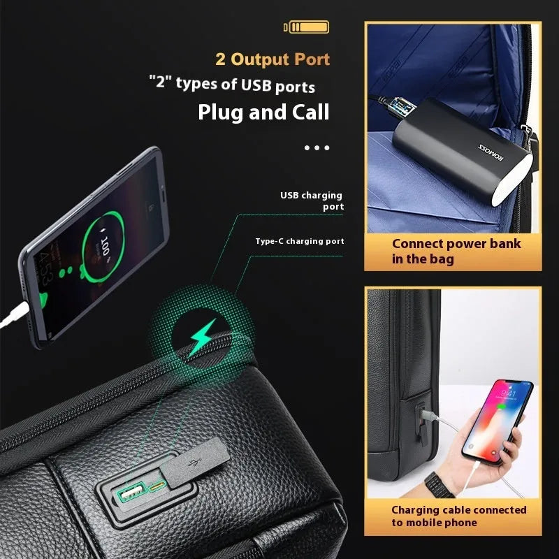 Black genuine leather business backpack with USB port and curved shoulder straps