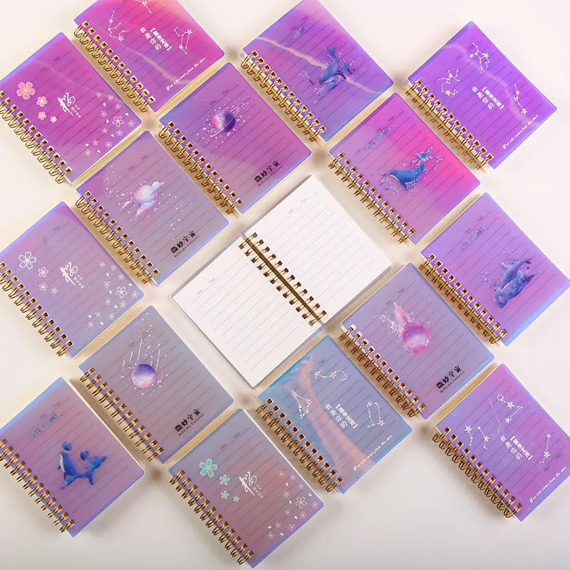 Set of four A7 spiral-bound pocket notebooks with different coloured PP covers showing Constellation, Sakura, Ocean, and Universe designs.