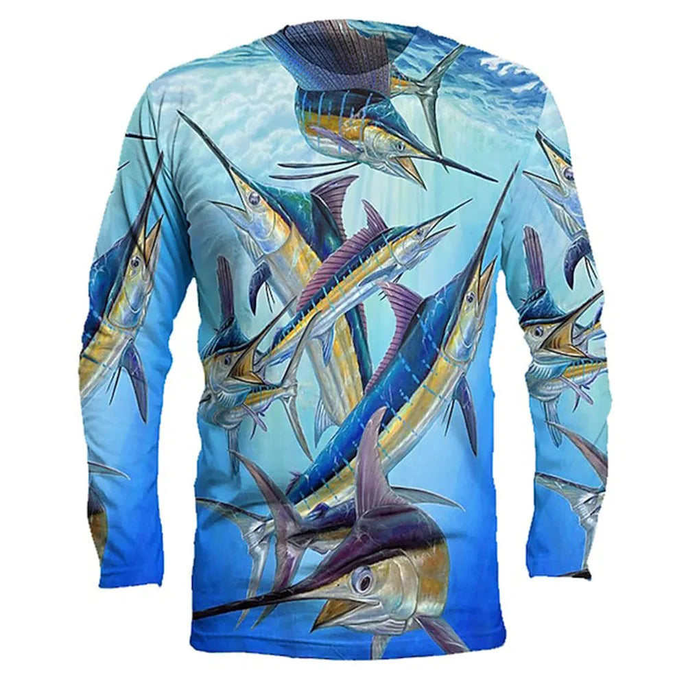 Men's grey round neck pullover with a colourful printed fish design on the front.