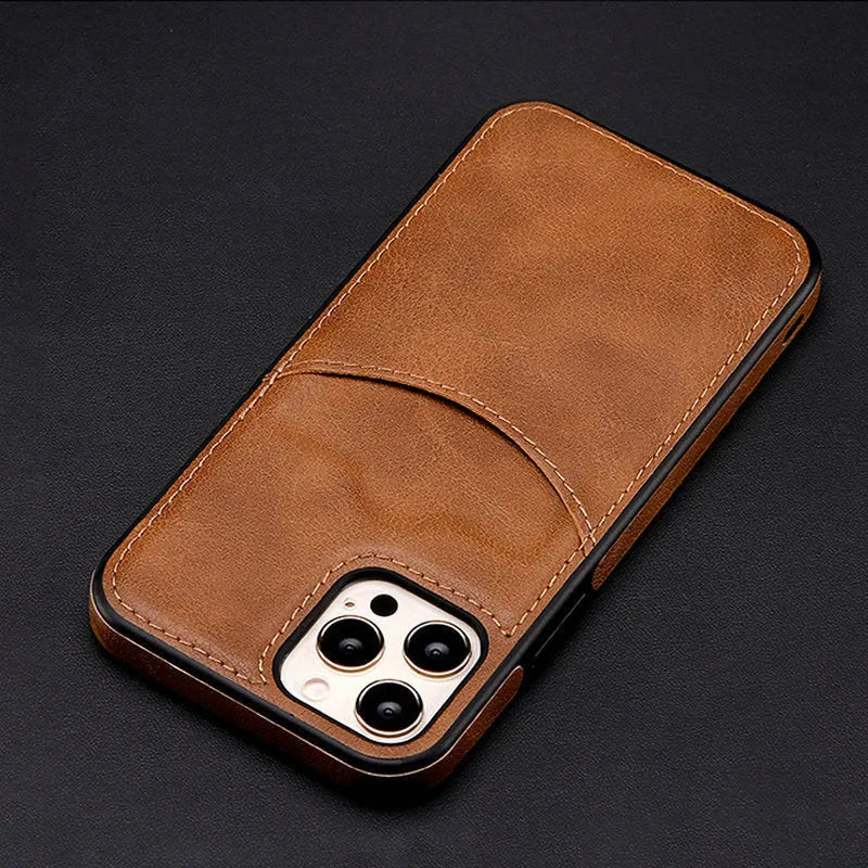 Dark blue PU leather protective case for iPhone on a table.