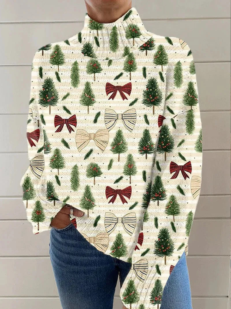 Women's loose fit Christmas printed turtleneck sweater in macaron colours with painting pattern design