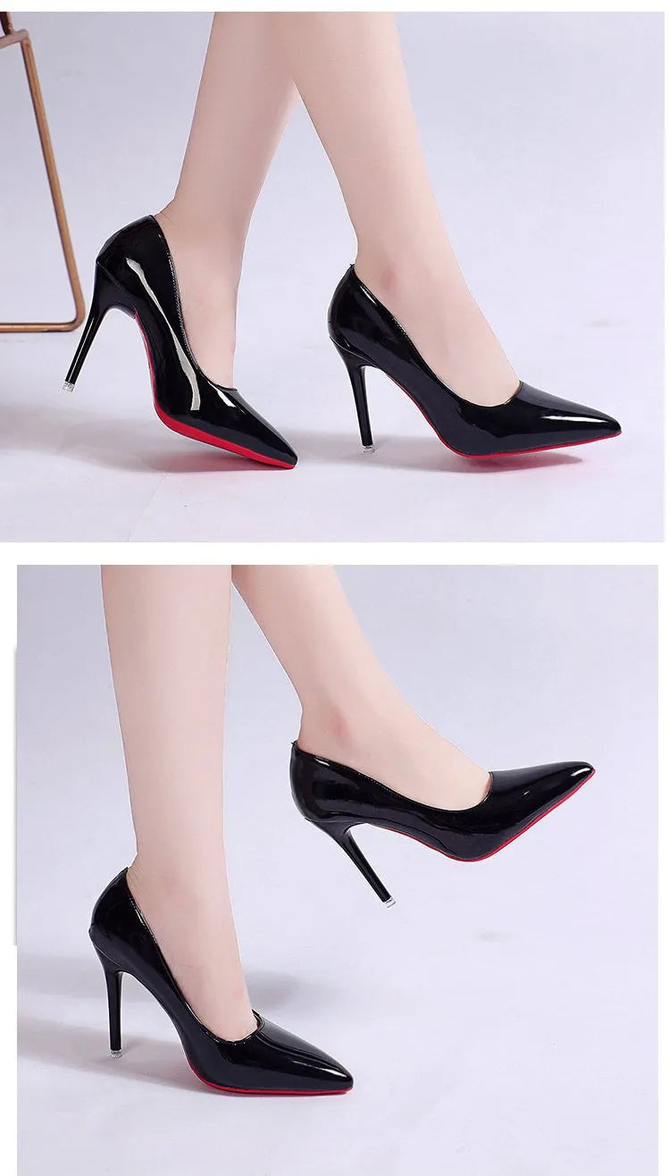 Women's solid colour stiletto heel pumps with pointed toe and shallow mouth design on a rubber sole.