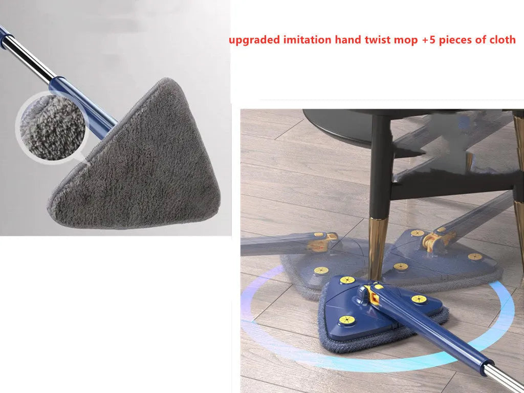 Extendable triangle cleaning mop with rotating head and stainless steel pole in blue colour