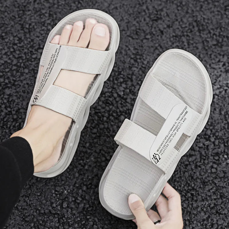 Men's casual outdoor flip-flops with plastic upper and EVA sole in black, beige, gray, and black gold