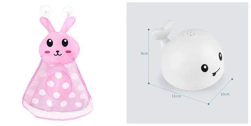 Automatic water spray whale bath toy floating in water with fountain and LED lights