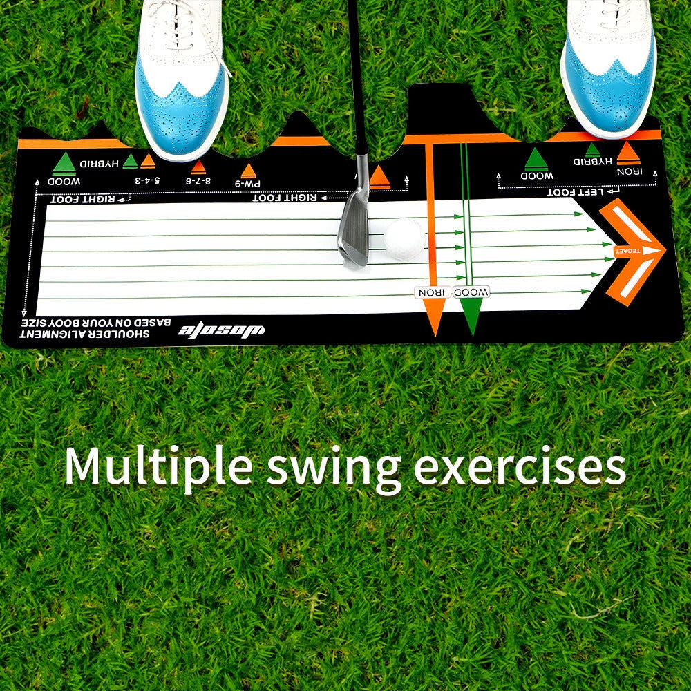 Black neoprene golf swing posture correction pad for stance alignment practice.