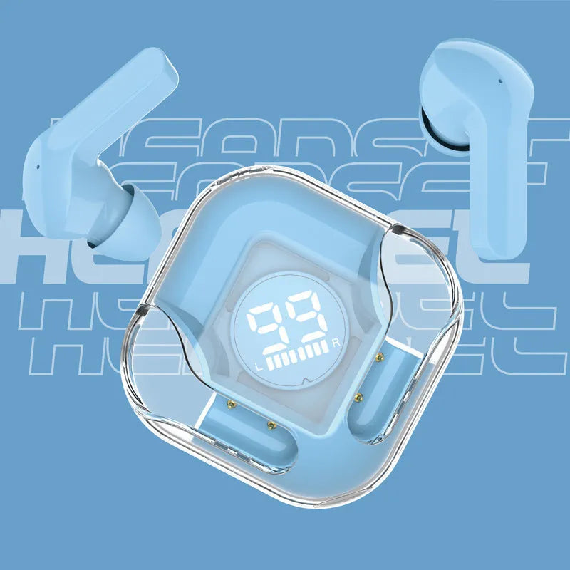 Wireless TWS Bluetooth headphones in five colours: white, black, pink, blue, and green, showcasing in-ear design.