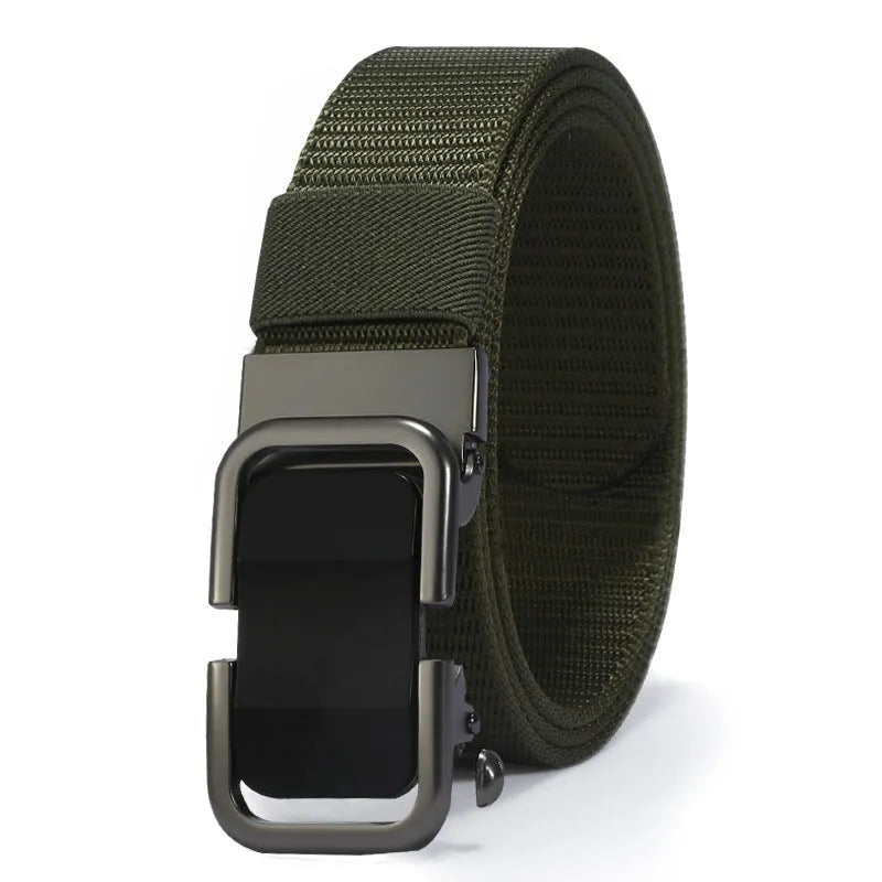 Men's nylon canvas belt with toothless alloy buckle shown in multiple colour options.
