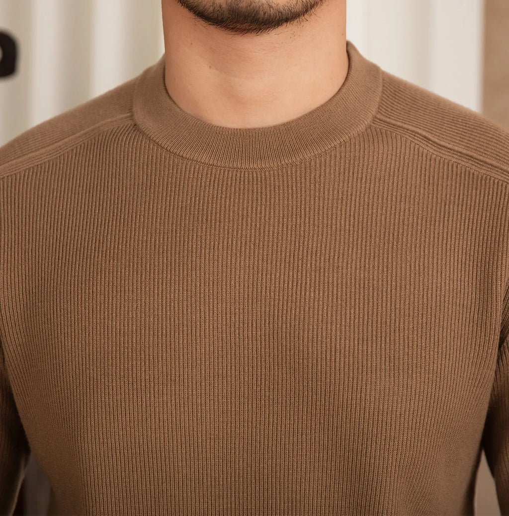 Men's slim-fit retro casual knitted bottoming shirt in camel colour, soft fabric blend available in multiple sizes