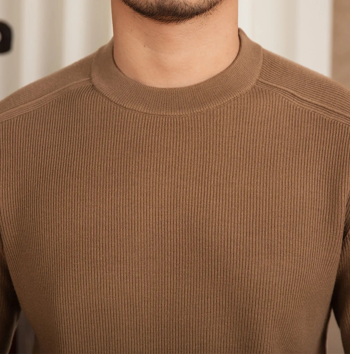 Men's slim-fit retro casual knitted bottoming shirt in camel colour, soft fabric blend available in multiple sizes