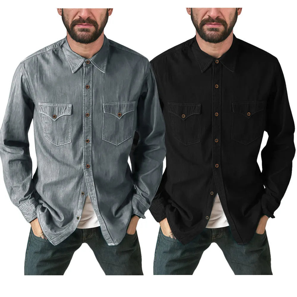 A regular-fit denim cardigan coat shown in khaki, available in sizes from Small to 3XL.