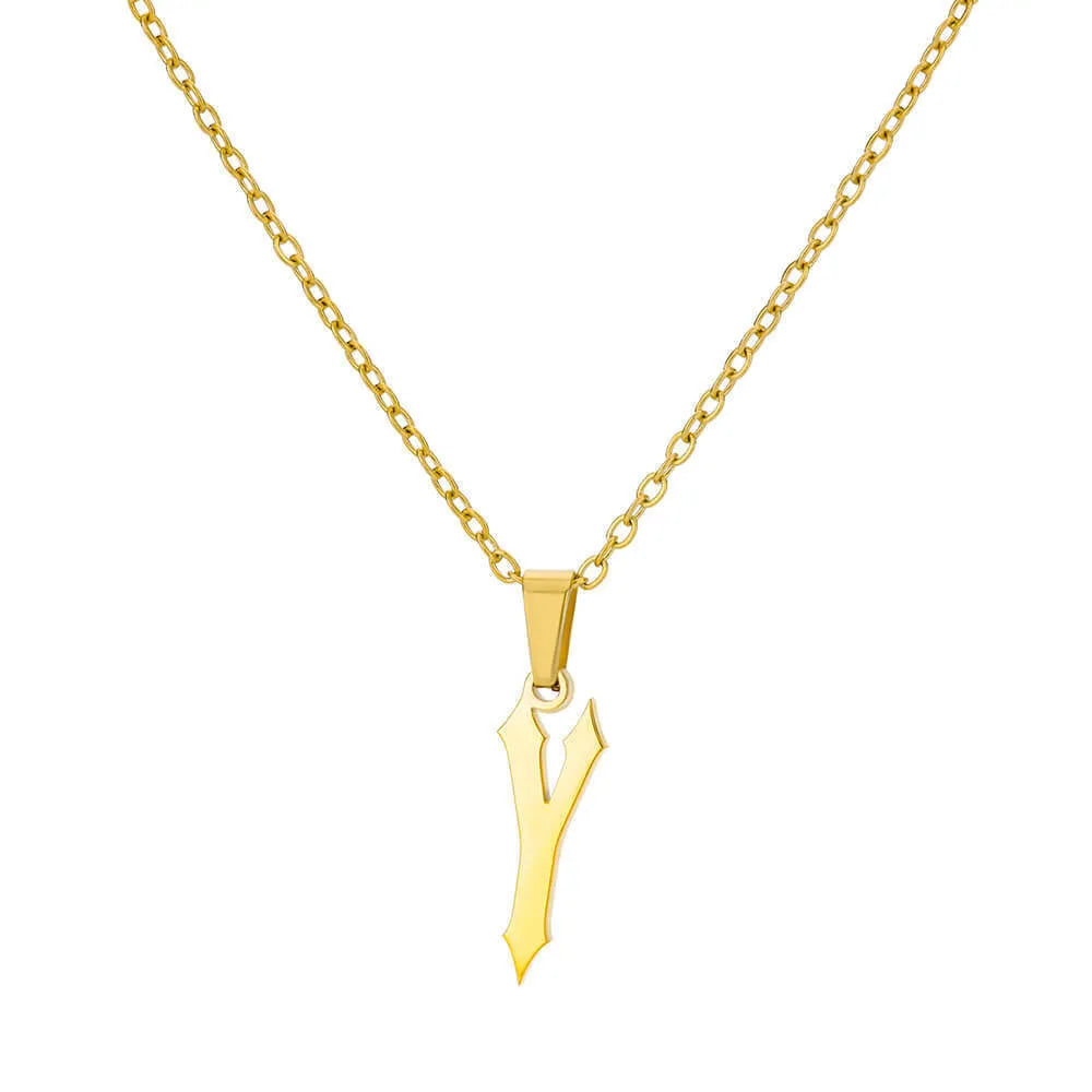 Gold stainless steel ancient English letter pendant necklace with O-ring chain on white background