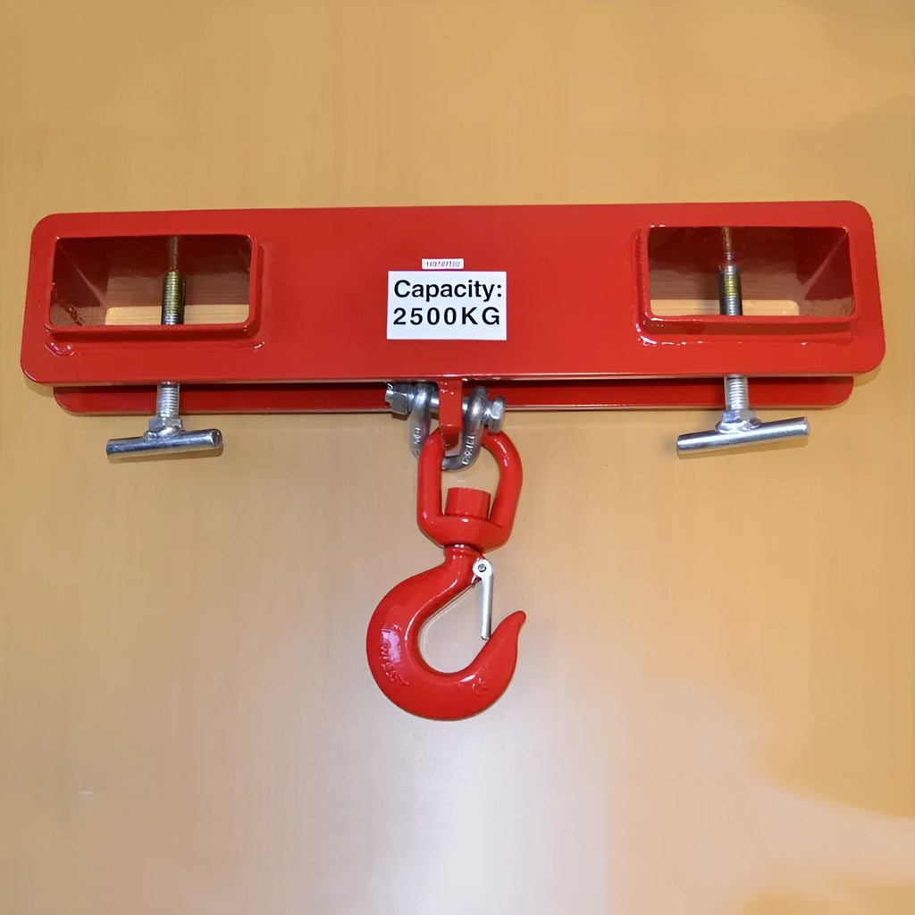 MK forklift hook attachment with rotatable hook and safety lock mounted on forklift forks.