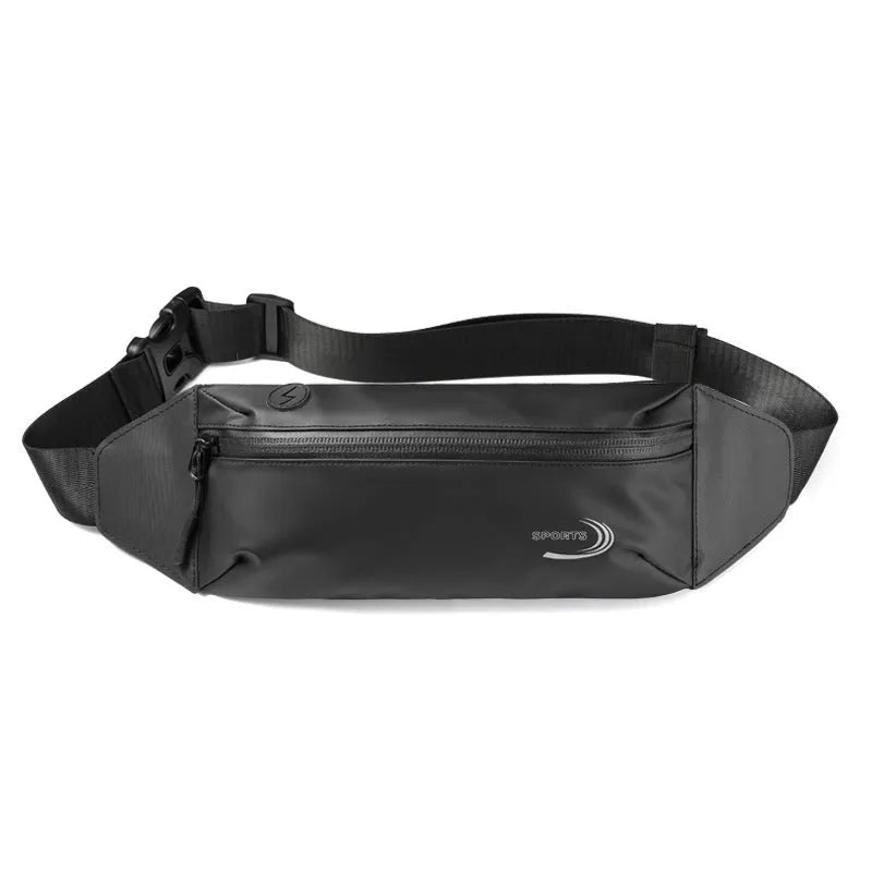 Men's waterproof waist bag in Oxford polyester with adjustable belt showing black, blue, and grey colour options