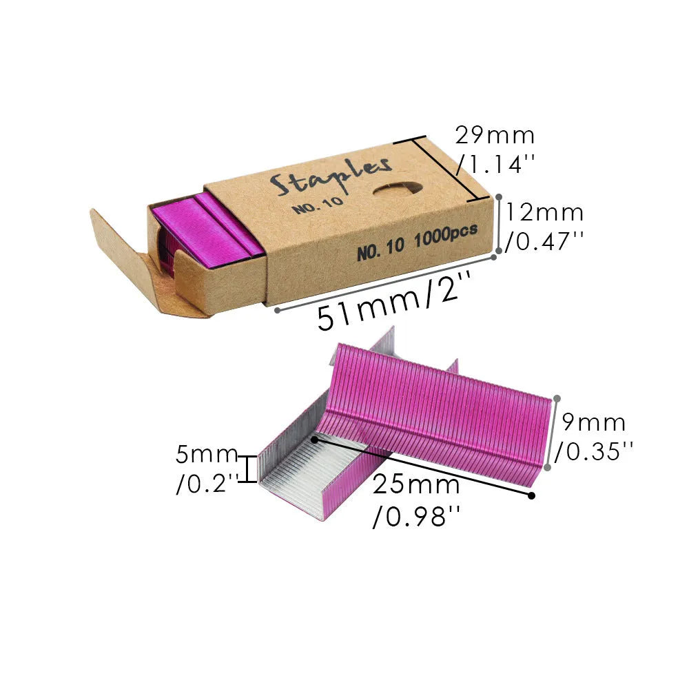 Box of 1000 metal staples for stapler refill in rose gold, black, purple, and rose red colour options.