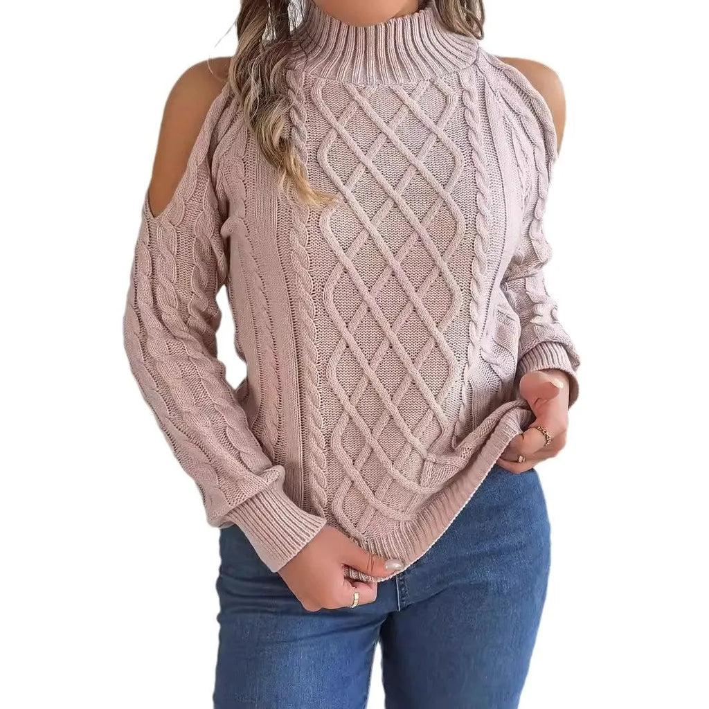 Women's strapless sweater with twisted pattern, half-high collar and lantern sleeves in acrylic fabric