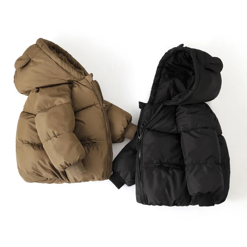 Cartoon children's down and wadded jacket in solid colour, polyester filling, Korean style, available in brown black pink Milky White for 90-130cm height.