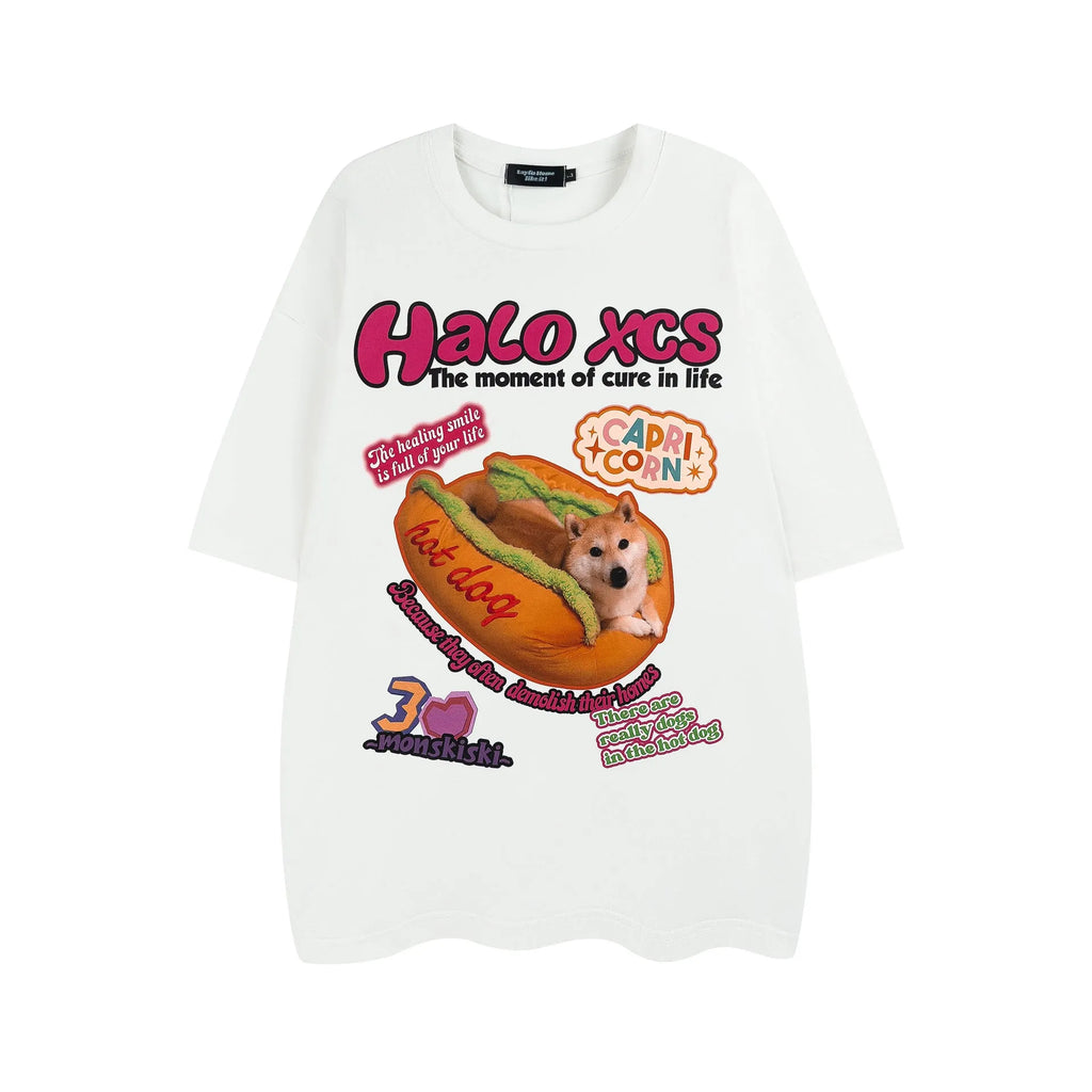 Cartoon hamburger dog printed loose fit cotton T-shirt in white, apricot, or sky blue colour.