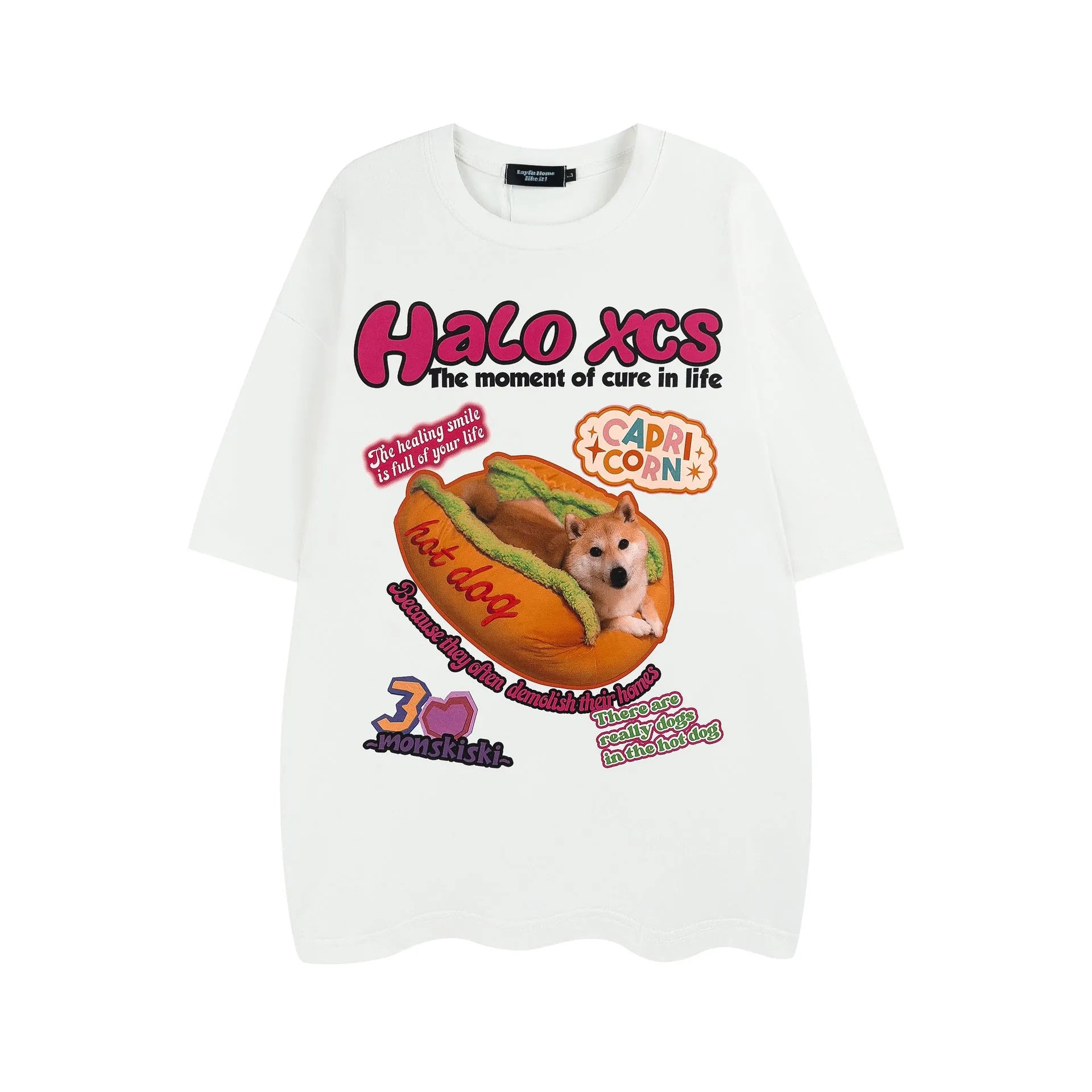 Cartoon hamburger dog printed loose fit cotton T-shirt in white, apricot, or sky blue colour.