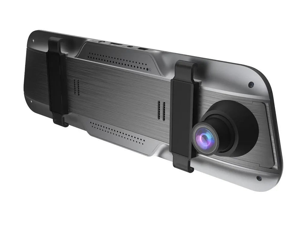 Black 10-inch touch screen dash camera rearview mirror with wide-angle lens for vehicle recording