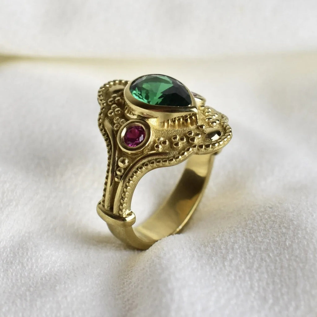 Gold-plated geometric ins style women's ring in golden lvzuan colour on a white background.