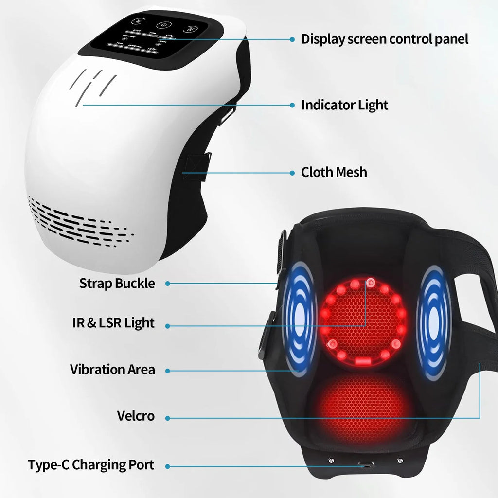 Rechargeable knee massager with intelligent kneading heating and infrared laser vibration in white or wood colour