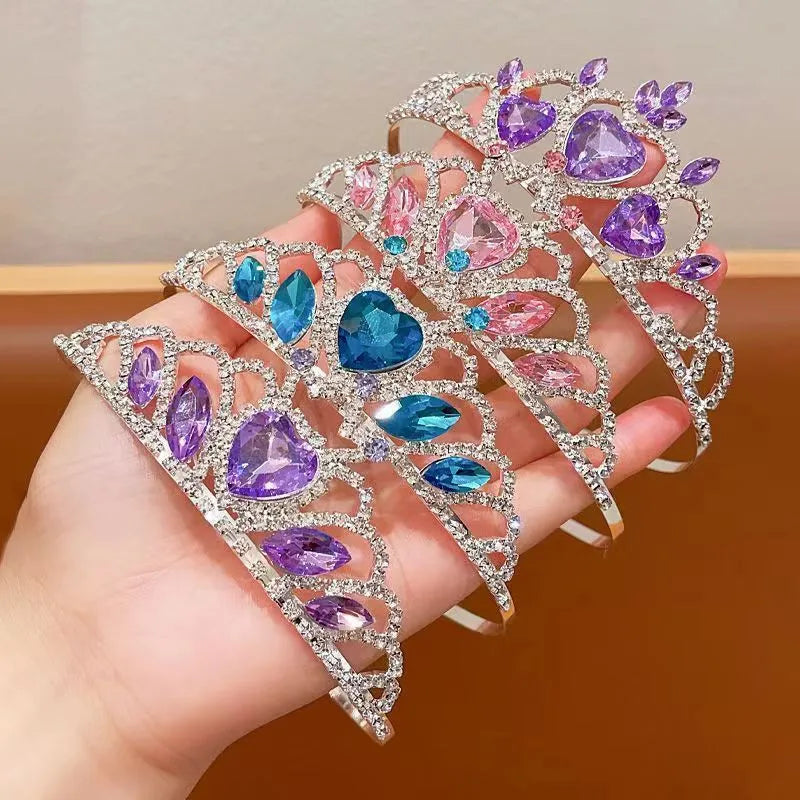 Pink crystal crown metal headband for girls, an alloy hair accessory with electroplated finish.