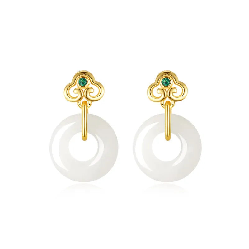 Pair of S925 sterling silver Ruyi safety buckle earrings with natural Hetian jade centrepiece, 20mm height