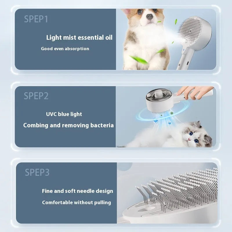Ceramic white pet grooming brush with steam function and UV sterilisation light