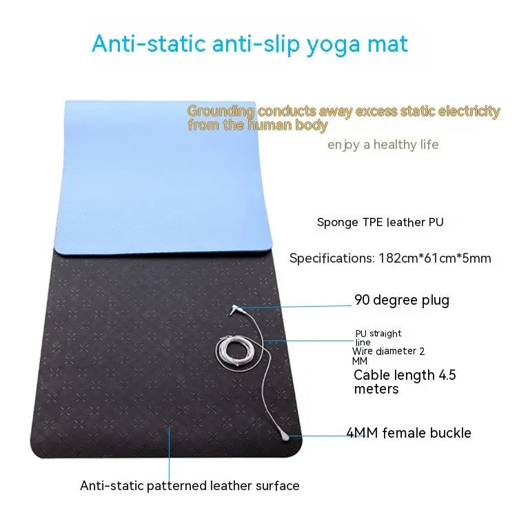 Blue conductive yoga mat with grounding wire, plants and flowers pattern, 182cm long by 61cm wide