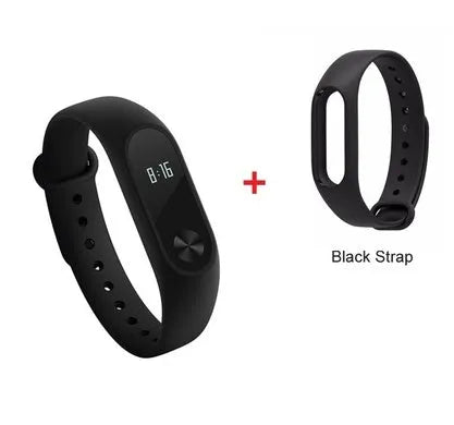 Xiaomi Mi Band 2 black fitness tracker on wrist showing OLED display