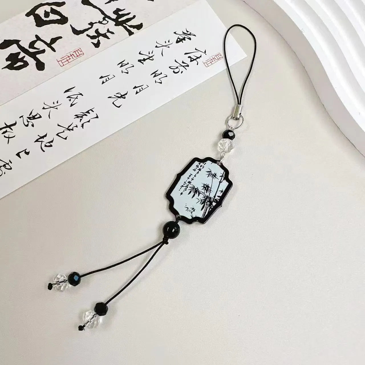 Chinese style plants pattern pendant keychain with baked varnish beads for schoolbag decoration