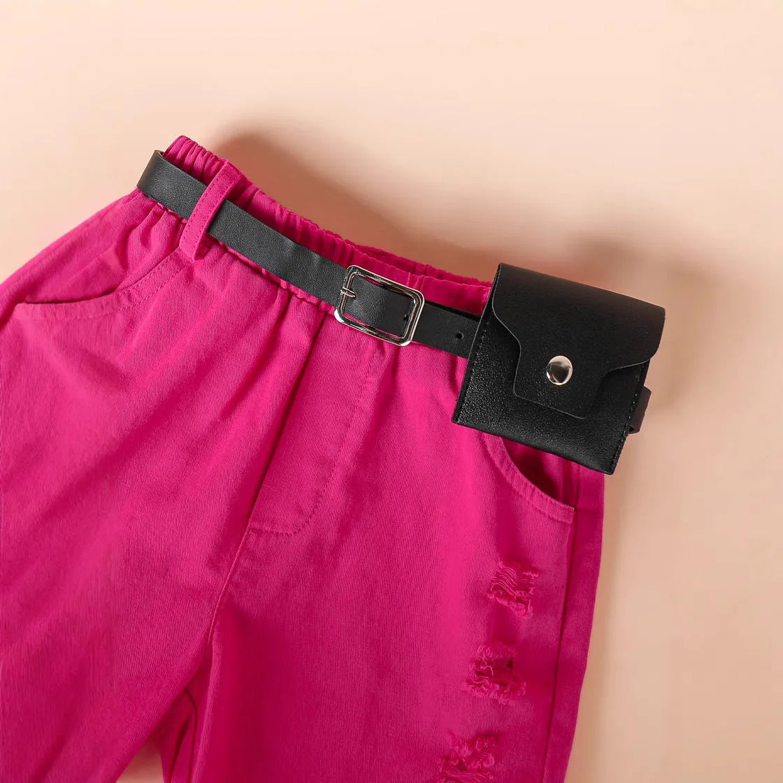 Girls rose red cotton short-sleeved T-shirt with denim shorts and belt set for heights 4Y-7Y