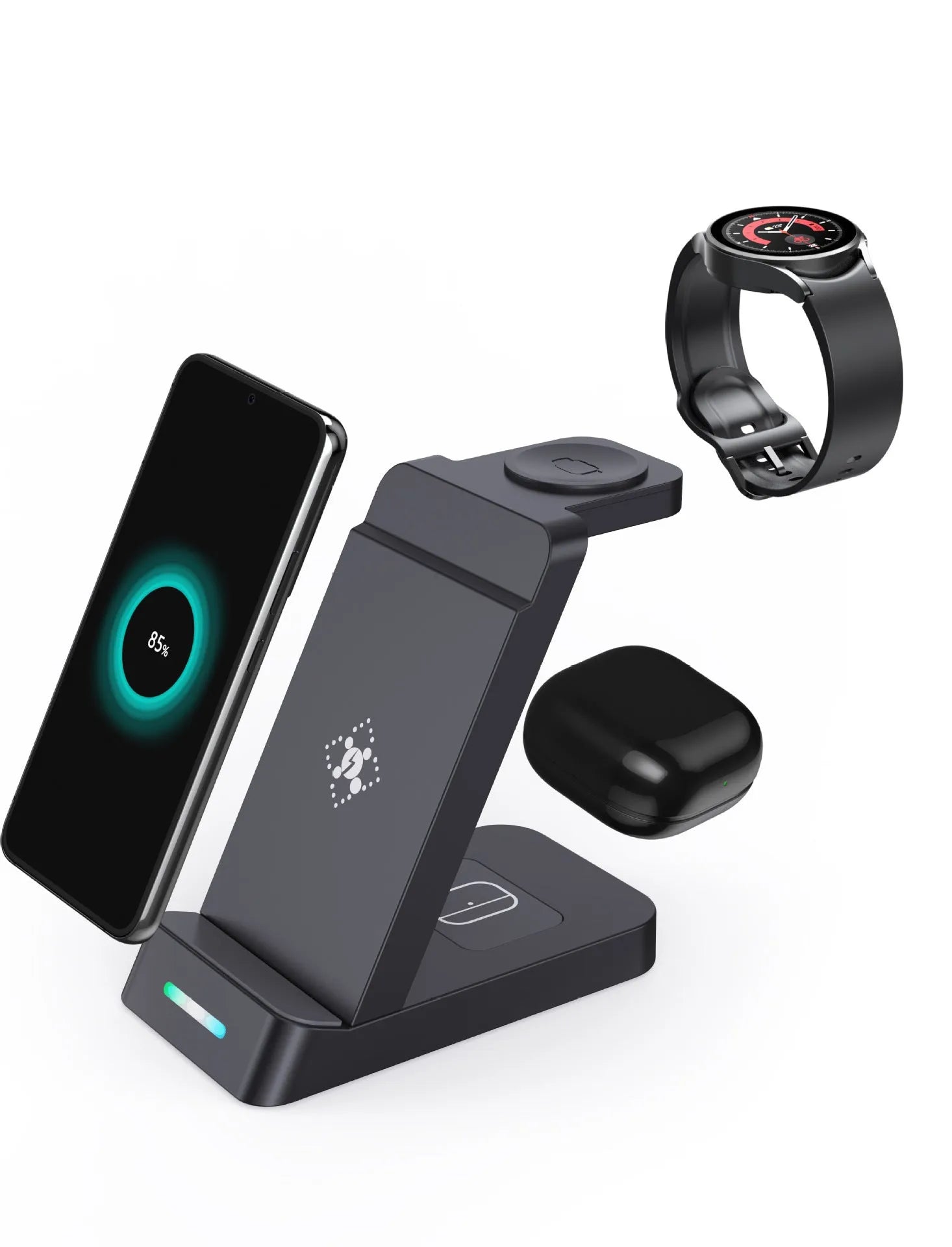 Black 3-in-1 wireless charging station with phone on stand, smartwatch docked, and earbuds charging.
