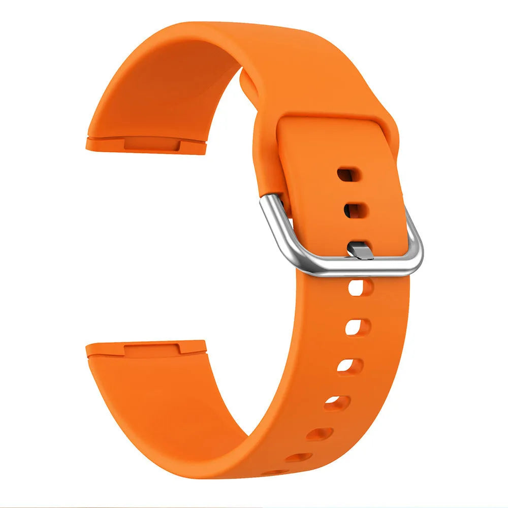 Solid colour silicone replacement strap with silver buckle for Fitbit Versa 3 and Sense 2 fitness trackers.